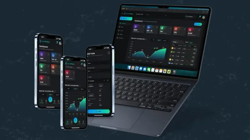 TradeReview journal on iPhone, Android, and laptop — dashboard, add trade, and daily P&L