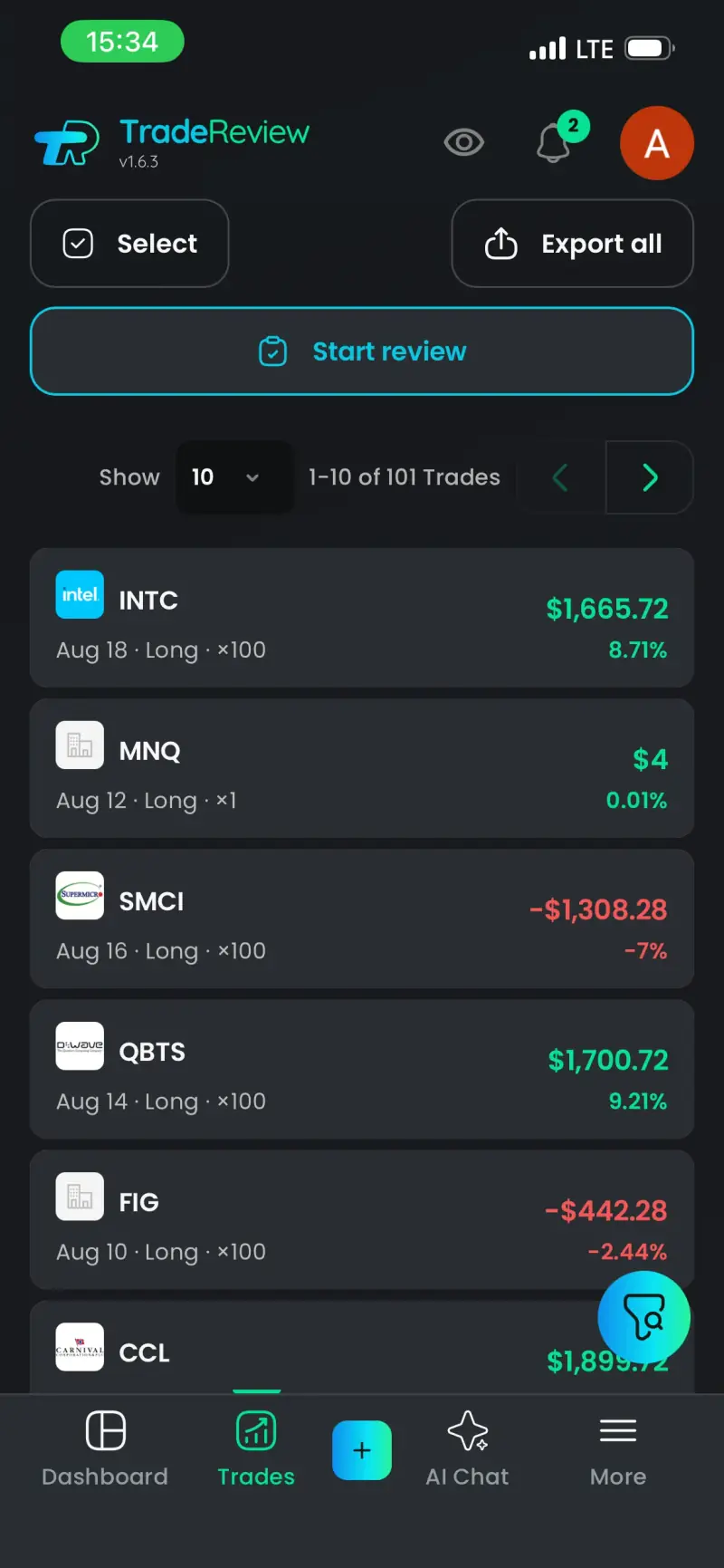 TradeReview trades list on iPhone