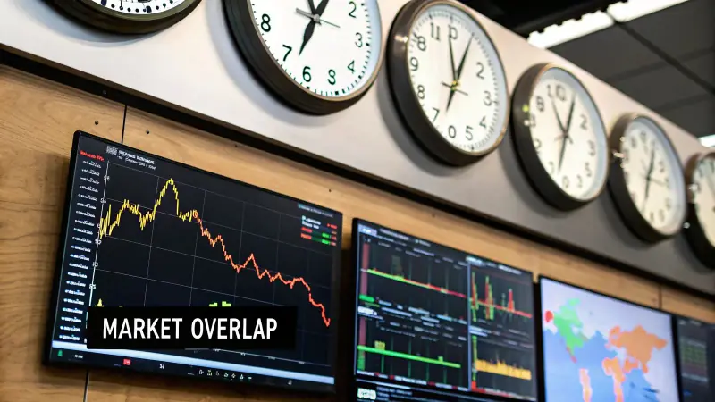 Infographic detailing the concept of trading during market overlaps, showing convergence of global sessions like London and New York.