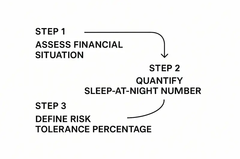 Infographic showing a three-step process for managing trading risk: Assess Financial Situation, Quantify Sleep-at-Night Number, and Define Your Risk Tolerance Percentage.