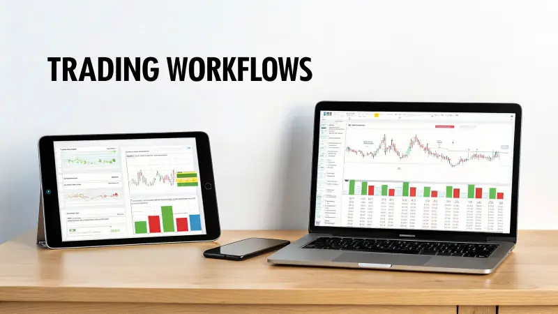 A laptop, tablet, and smartphone displaying financial trading charts and data on a wooden desk.
