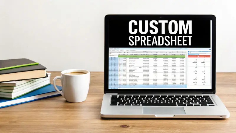 A laptop displaying a custom spreadsheet, alongside a stack of books and a coffee mug on a wooden desk.