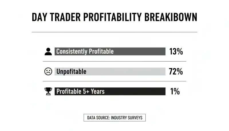 Infographic showing day trader profitability breakdown: 13% consistently profitable, 72% unprofitable, 1% profitable 5+ years