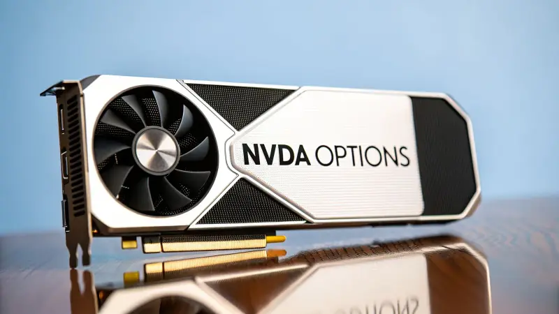 Close-up of an NVIDIA GPU with 'NVDA OPTIONS' text, reflecting on a polished wooden surface.