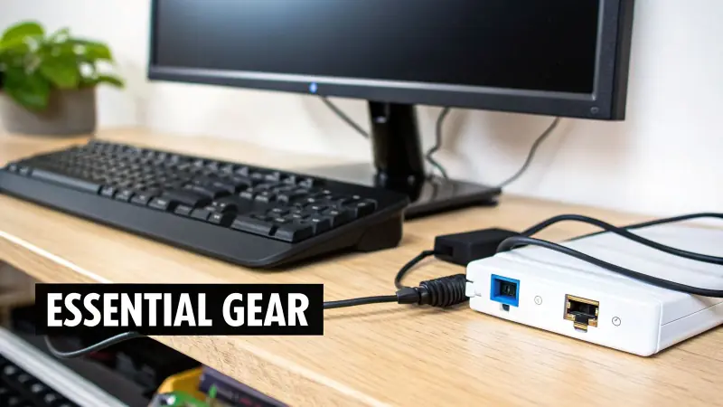 Trading desk with monitor, keyboard, and network gear