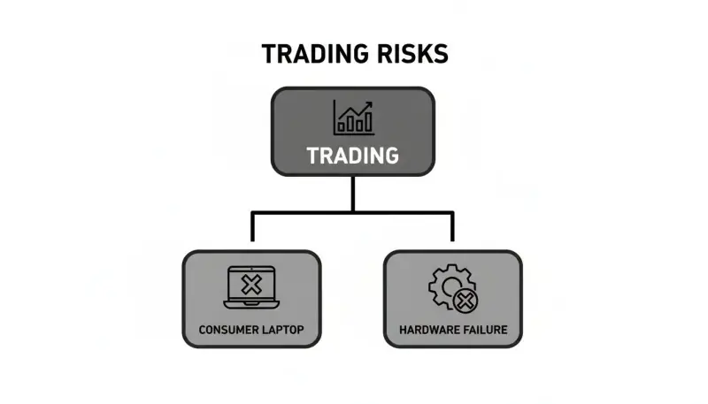 A diagram titled 'Trading Risks' showing trading linked to consumer laptop issues and hardware failure.